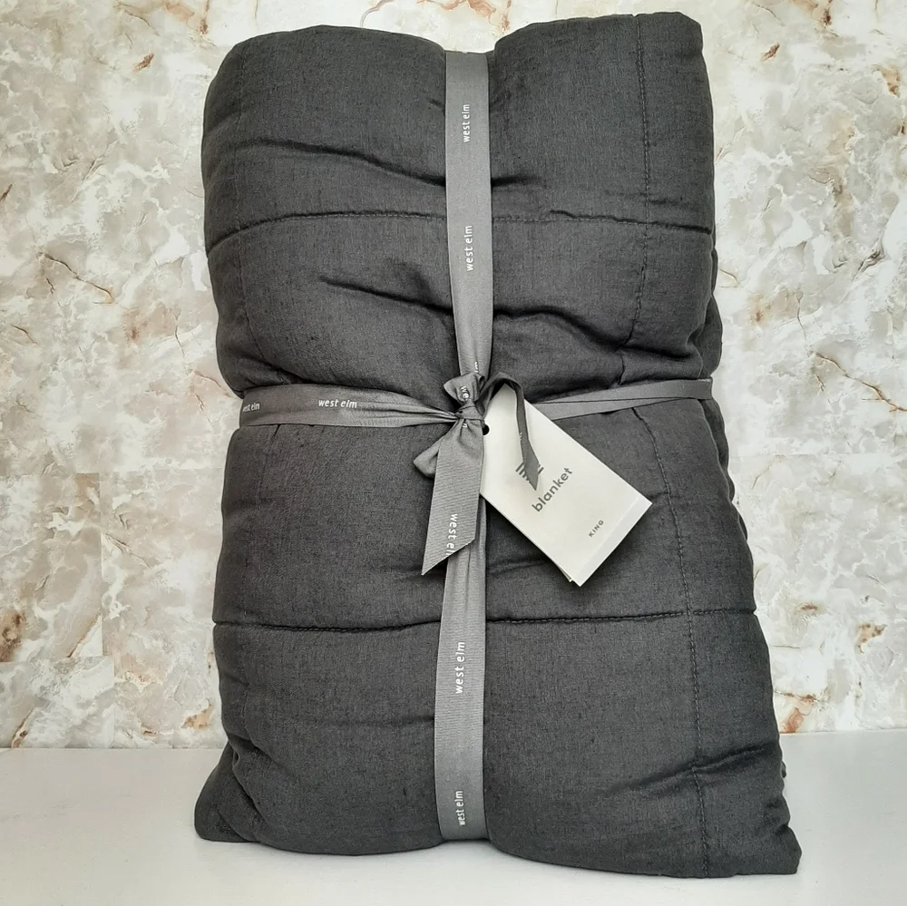 West Elm European Flax Linen Box Stitch Quilt Iron Blue